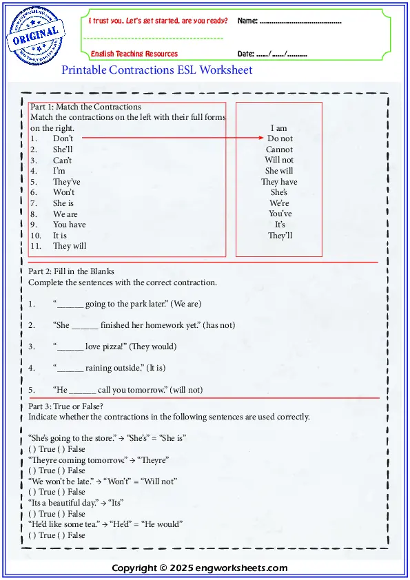 Printable Contractions ESL Worksheet